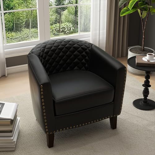 PU Leather Accent Chair, Barrel Club Chair Modern Upholstered Armchair for Living Room, Comfy Nailed Trim Arm Chair Bedroom Reading Seat, Black