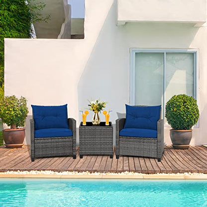 Wicker Patio Furniture Sets - 3 Pieces Patio Rattan Sofa Set, Outdoor Conversation Set with Tempered Glass Tabletop, Heavy-Duty Steel Frame, Wicker Chair Set for Poolside, Backyard, Navy