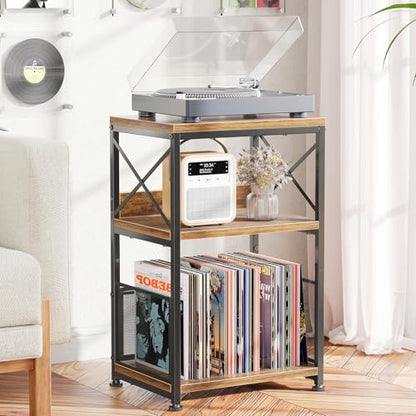 Record Player Stand, Turntable Stand with Vinyl Storage Holds Up to 200 Albums, Record End Table for Living Room, Rustic Brown