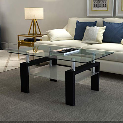 Rectangle Glass Coffee Table, Living Room Table with Black Metal Legs & Tempered Glass, Modern Center Table for Bedroom Small Space
