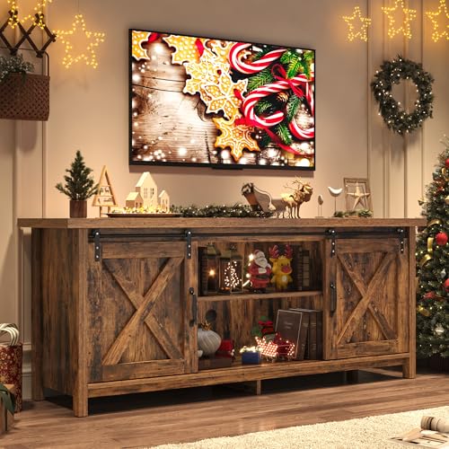 Farmhouse TV Stand for 65 Inch TV with Sliding Barn Door, Rustic Wood Entertainment Center Large Media Console Cabinet Long Television Stands,Console Table and Media Furniture for Living Room(Brown)