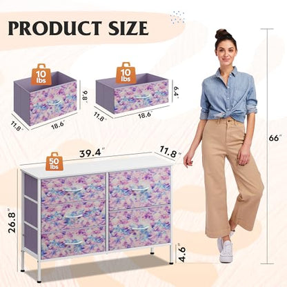 Dresser for Bedroom with 5 Drawers, Wide Chest of Drawers for Bedroom, Fabric Dresser for Living Room, Closet, Hallway, Tie-dye Print (Pink, Purple, Blue)