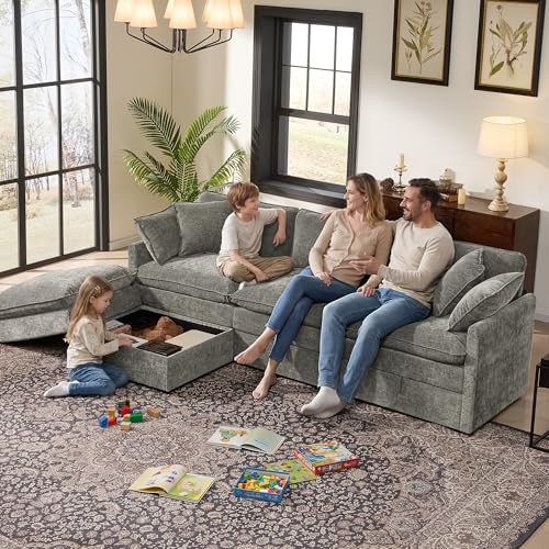 103" Modular Sectional Sofa with Storage, L Shaped Cloud Couch with Movable Ottomans & Throw Pillows, Chenille Deep Seat Sectional Couches for Living Room, Apartment (Grey)