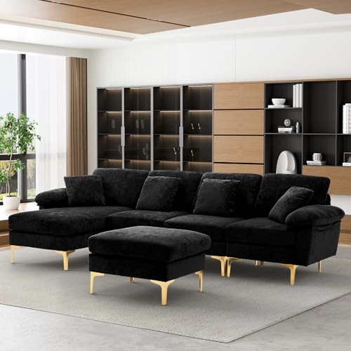 U-Shaped Sectional Sofa Couch, 4 Seat Sofa Set for Living Room, Convertible L-Shaped Velvet Couch Set with Chaise Lounge, Ottoman and Pillows,114 inches (Black)