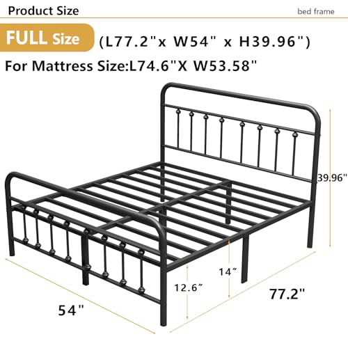 Full Metal Bed Frame with Victorian Headboard & Footboard, Black, view 3