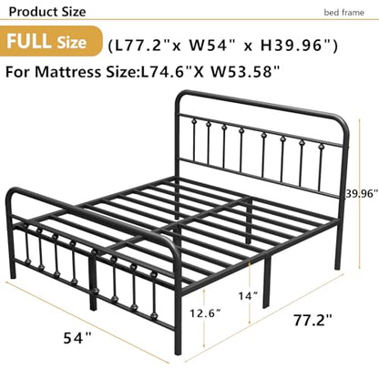 Full Metal Bed Frame with Victorian Headboard & Footboard, Black, view 3