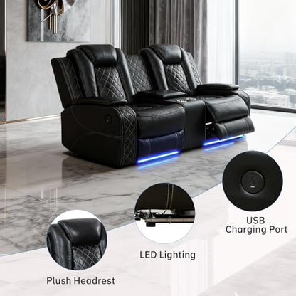 Living Room Furniture Sets, Power Recliner Sectional Sofa with LED Lights, Leather Couch Set, Reclining Sofa for Living Room, Home Theater,and Office (3PCS Set, Black)