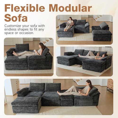108" Cloud Couch Modular Sectional Sofa for Living Room, U-Shape Boneless Couch with Deep Seat, Modern 5-Seater with Ottoman, for Living Room, Bedroom, Office, No Assembly Required, Gray