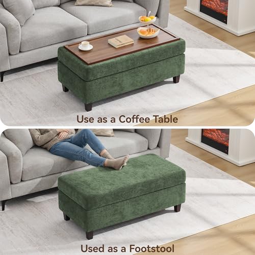 Large Green Chenille Ottoman with Wooden Leg Support for Living Room, view 5