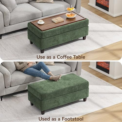 Large Green Chenille Ottoman with Wooden Leg Support for Living Room, view 5