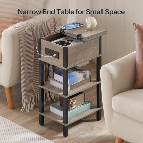 End Table with Charging Station, Flip Top Side Table with USB Ports, Narrow Nightstand Bedside Tables with Storage Shelves, for Small Space, Living Room,Greige and Black BG141UBZ01