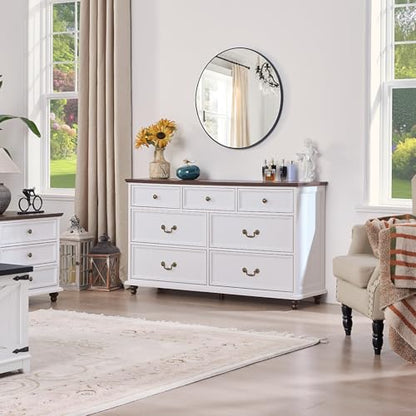 24" Wide Farmhouse Nightstand with Charging Station Set of 2,54" 7 Drawers Dresser, 45" Tall Rustic Chests of 5 Drawers, Farmhouse Furniture Series for Bedroom,White