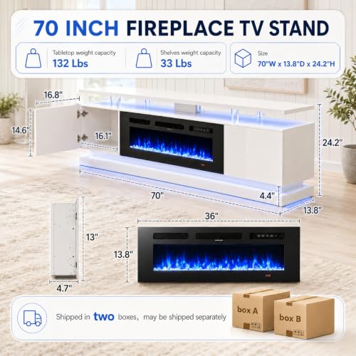 70" Fireplace TV Stand for TVs up to 80", White & Black, view 3