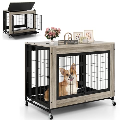 Dog Crate Furniture with Wheels, 38" Modern Dog Cage with 3 Doors, Flip Top Lid, view 2