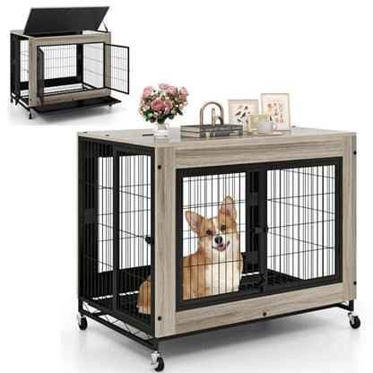Dog Crate Furniture with Wheels, 38" Modern Dog Cage with 3 Doors, Flip Top Lid, view 2