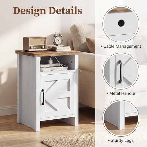 Farmhouse Nightstand, Modern Bedside Table with Barn Door and Shelf, Rustic End Table Side Table for Bedroom, Living Room(2, Rustic & White)