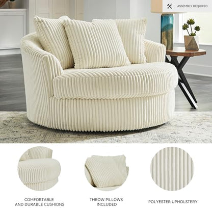 Signature Design by Ashley Lindyn 58-Inch Oversized Swivel Accent Chair, Ivory, Arrives Fully Assembled, Wide-Cord Polyester Velvet, Cozy Lounger for Living Room