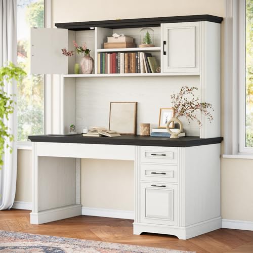 47.2" Farmhouse Computer Desk with Hutch and 3 Drawers, White, view 2
