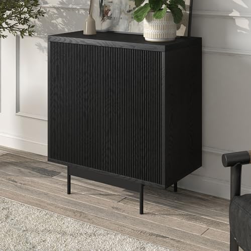 28" Fluted Accent Cabinet, Ribbed Modern Sideboard Buffet Cabinet with 2 Doors and an Adjustable Shelf for Living Room, Dining Room, Bedroom or Entryway, Natural Black