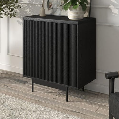 28" Fluted Accent Cabinet, Ribbed Modern Sideboard Buffet Cabinet with 2 Doors and an Adjustable Shelf for Living Room, Dining Room, Bedroom or Entryway, Natural Black