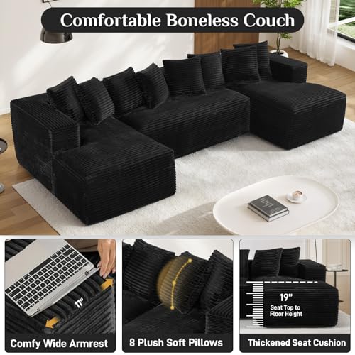 131" Oversized Cloud Boneless Sofa for Living Room, Modern Sectional U Shaped Plush Corduroy Couch, Comfy Deep Seat Boneless Sofas with 8 Pillows Double Chaise Lounge Sectional Couch,Black