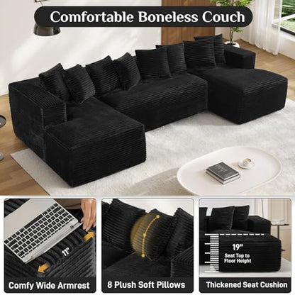 131" Oversized Cloud Boneless Sofa for Living Room, Modern Sectional U Shaped Plush Corduroy Couch, Comfy Deep Seat Boneless Sofas with 8 Pillows Double Chaise Lounge Sectional Couch,Black