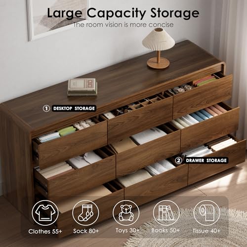 9 Drawer Dresser, 63" Wide Walnut Dresser with Soft-Close Drawers, view 5