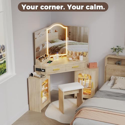 Corner Vanity Desk with Mirror and Lights, Makeup Vanities with 2 Fluted Drawers and Storage Cabinet, Power Outlet & 3 Light Settings, Dimmable for Women Girls, Natural Wood