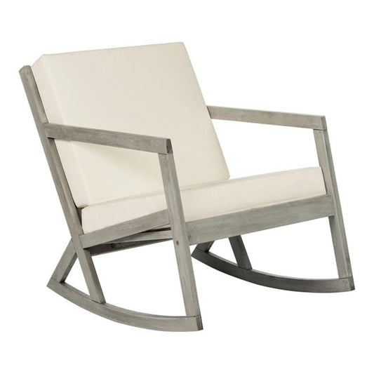 Grey and beige solid wood outdoor rocking chair with cushion