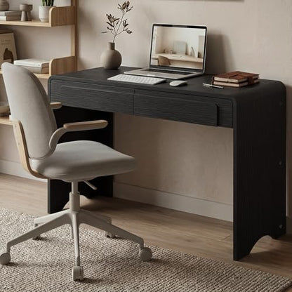 Computer Desk with 2 Drawers, 47 Inch Wood Home Office Desk, Small Writing Table with Curved Handles & Waterfall Rounded Edges, Cute Modern Desks for Bedroom Study Living Room, Black