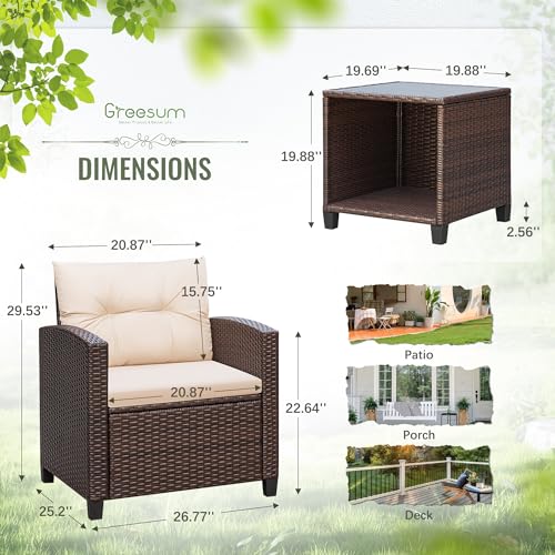3 Pieces Patio Furniture Sets Outdoor PE Rattan Wicker Chairs with Soft Cushion and Glass Coffee Table for Garden Backyard Porch Poolside, Beige