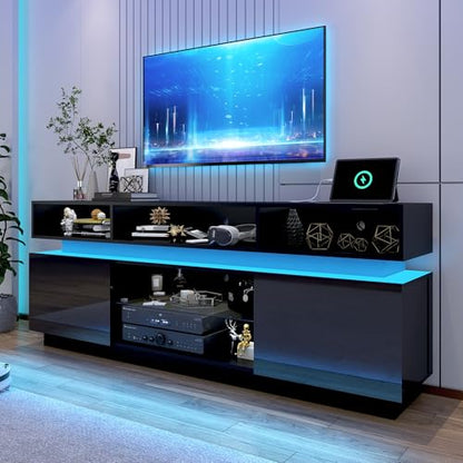 LED TV Stand for 80 Inch TV, Modern Tall Entertainment Center with Power Outlets, High Gloss TV Stand, Gaming TV Media Console with Glass Shelf for Living Room, 71 Inch, Black