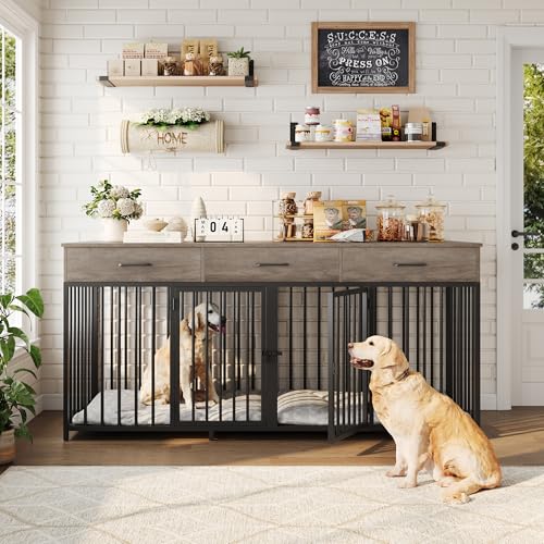 Double Dog Crate, 71" W Indoor Dog Kennel Furniture for 2 Dog, Grey, view 4