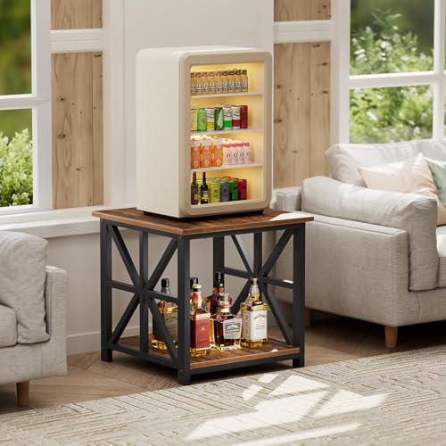 19.7 inch End Table with 2-Tier Storage Shelf for Living Room | Rustic Side Table for Bedroom,Sturdy X-shaped Metal Frame Nightstand,Scratch-resistant Sofa Table,Waterproof Top,Walnut