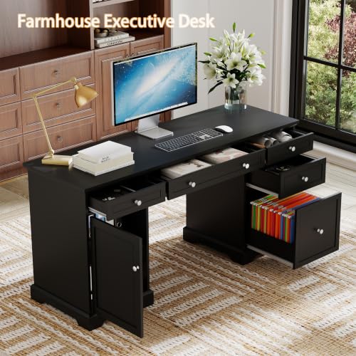 Black Executive Desk with Drawers: 60" Farmhouse Home Office Desks, view 6