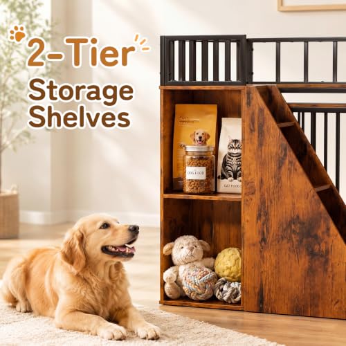 Dog Crate Furniture, Wooden Dog Kennel Indoor w/Storage(Rustic Brown), view 5
