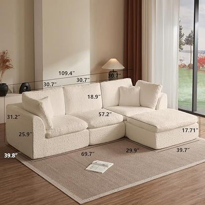 110" Cloud Sectional Couches for Living Room, Convertible L Shape Couch with Ottoman, 3 Seater Modular Sectional Sofa, Warm White Beige