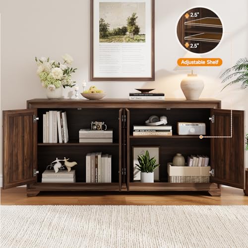 60" Buffet Cabinet with Storage, 4 Doors & Adjustable Shelves Brown, view 4