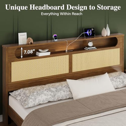 King Size Rattan Bed Frame with 2 Storage Drawers, Wood Bed, Brown, view 6