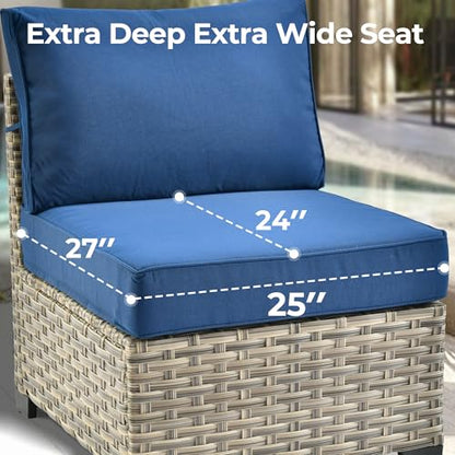 Outdoor Sectional Patio Furniture Set with Fire Pit Table,9 Pieces Wicker Conversation Sets,Extra Deep Out Door Sofa Outside Furniture Couch Swivel Chairs Ottoman,Navy Blue