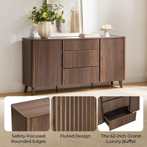 CHITA 62" Fluted Sideboard Buffet Cabinet with 3 Drawers, Walnut, view 6