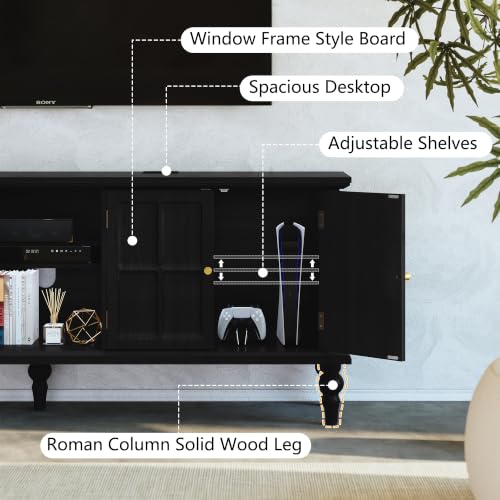 67" Mid Century Modern TV Stand with Window Design, Black, view 6