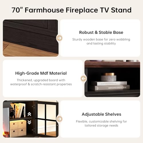 70" Fireplace TV Stand,Modern Entertainment Center,Black, view 4
