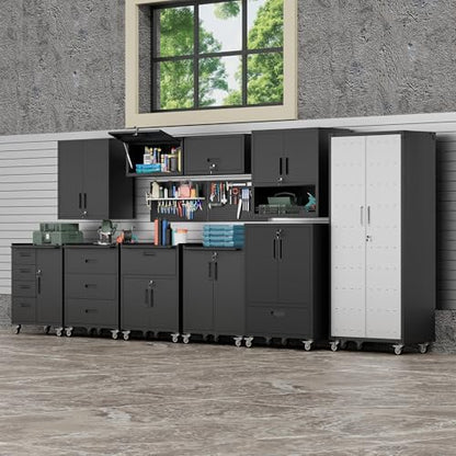 Metal Storage Cabinet with Wheels, Heavy Duty Steel Tool Cabinet with Doors and Drawer, Lockable Tool Cart for Garage Basement Workshop Warehouse, Assembly Required (Black)