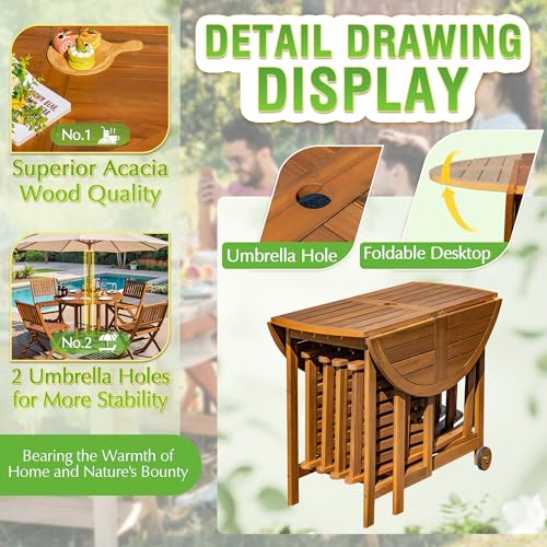 5 Piece Patio Dining Set Outdoor Acacia Wood Furniture All-Weather Folding Round Table and Chairs for Backyard, Balcony, Porch, Deck, Garden, Light Brown