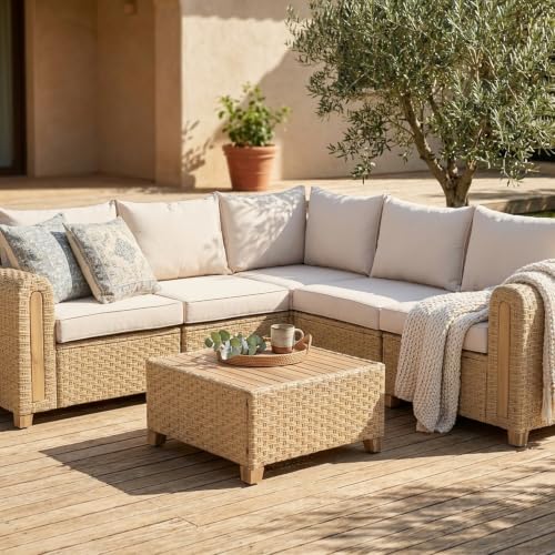 6-Piece Patio Wicker Modular Sectional Set with Acacia Wood Accents, view 4