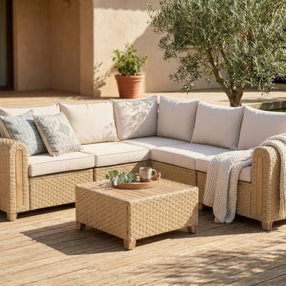 6-Piece Patio Wicker Modular Sectional Set with Acacia Wood Accents, view 4