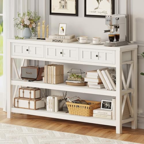 Console Table for Entryway, Wood and Metal Sofa Table with 3 Drawers for Living Room, Farmhouse Hallway Tables and Modern Couch Tables Behind Sofa (54.72 Inch Long, White Oak)