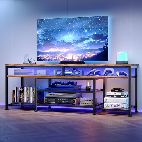 63 Inch TV Stand with Power Outlets & LED Lights, Rustic Brown, view 4