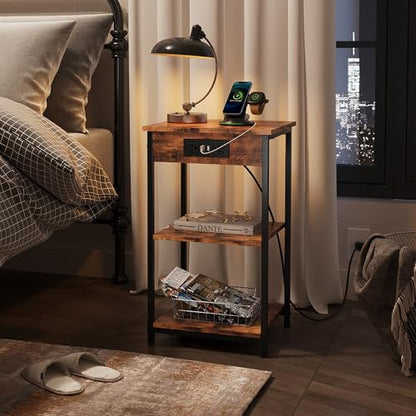 End Table with Charging Station, Small Night Stand with Storage Adjustable Shelf, Side Tables for Small Spaces, Bedside Tables for Living Room, Bedroom, Rustic Brown